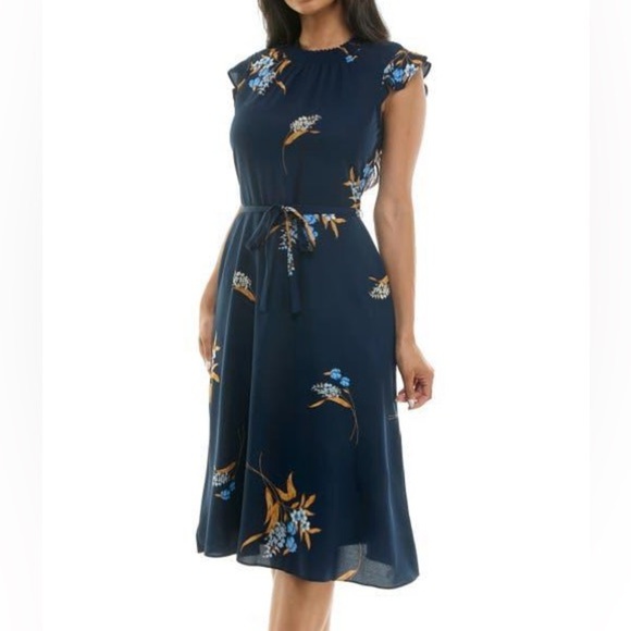 Nina Leonard Dresses & Skirts - Nina Leonard Navy Blue Floral Midi Dress Small